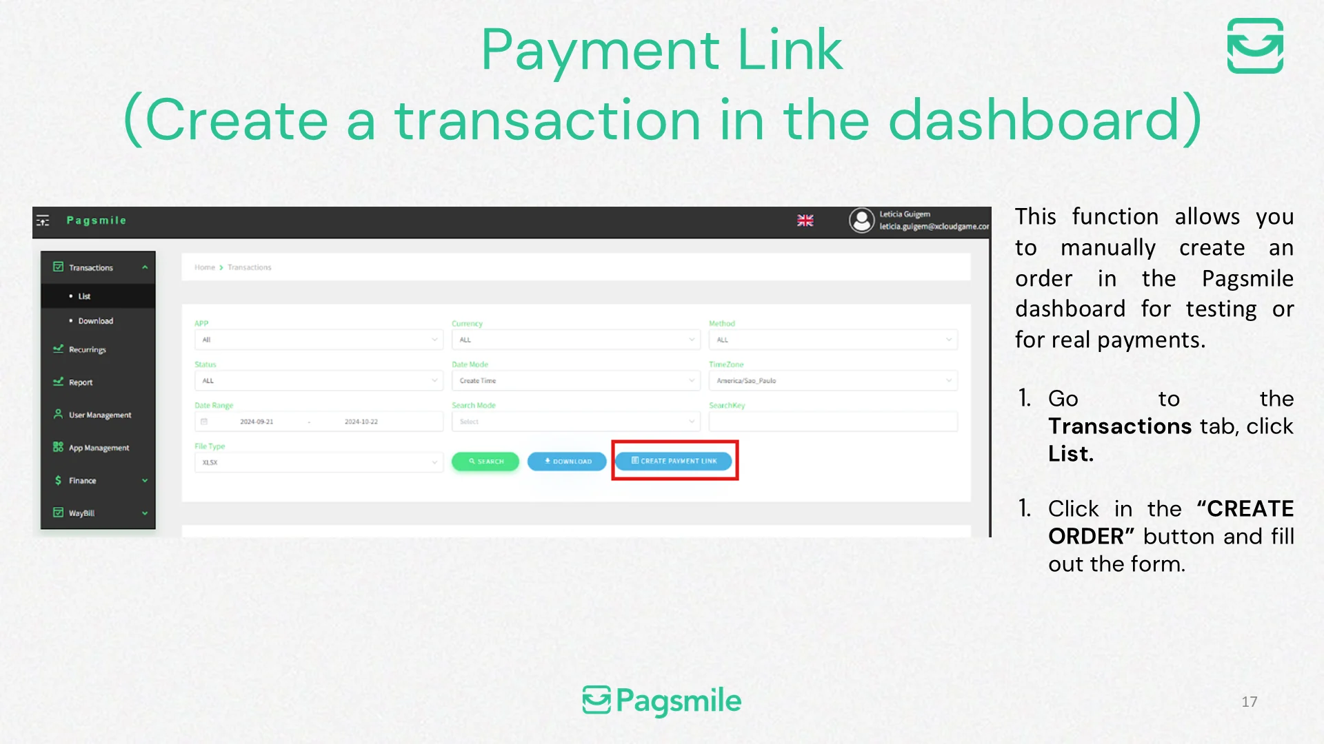 How can I create a payment link in the dashboard? — image 1 of 3