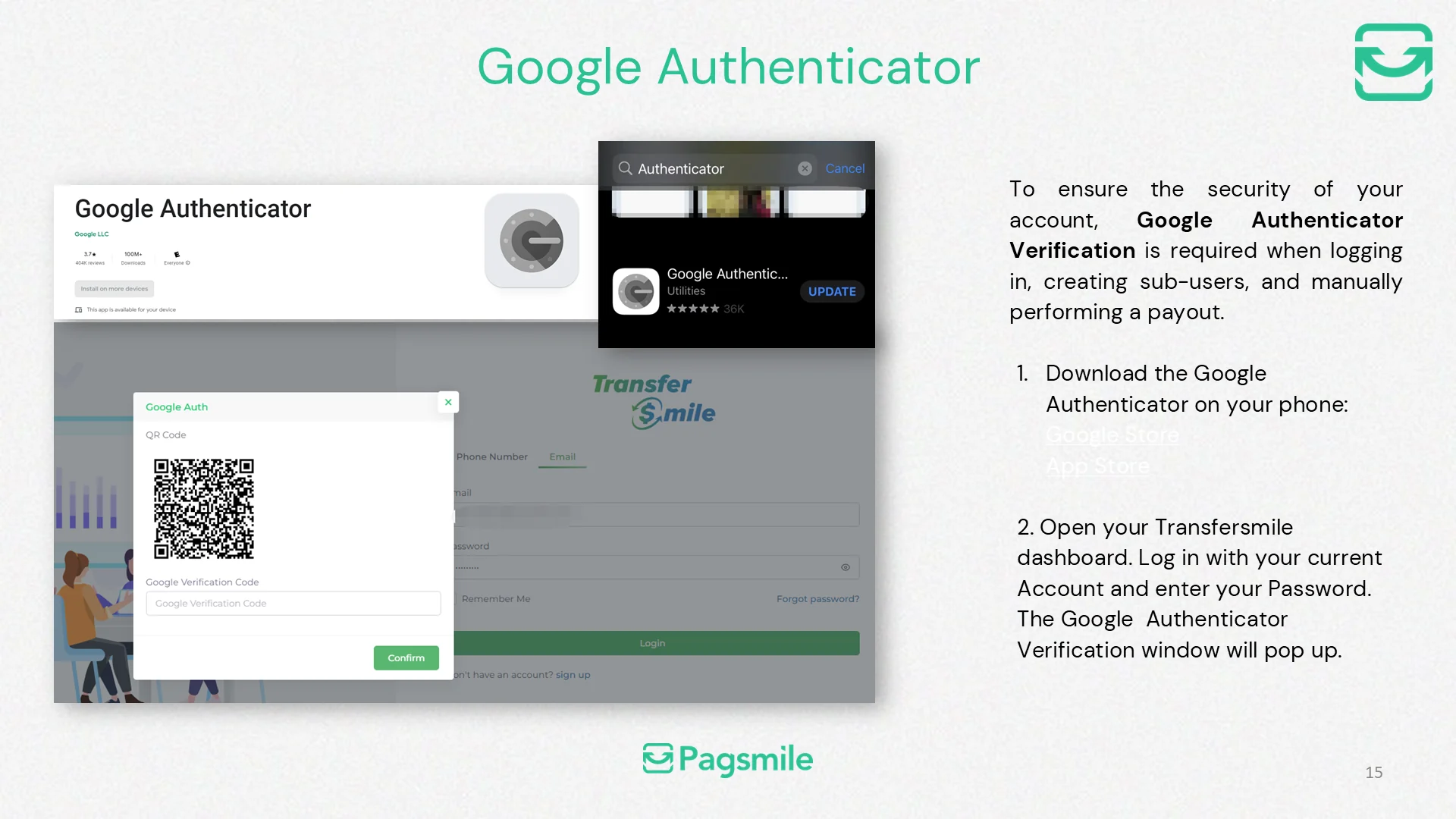 When is Google Authenticator required in the Transfermile dashboard? — image 1 of 3