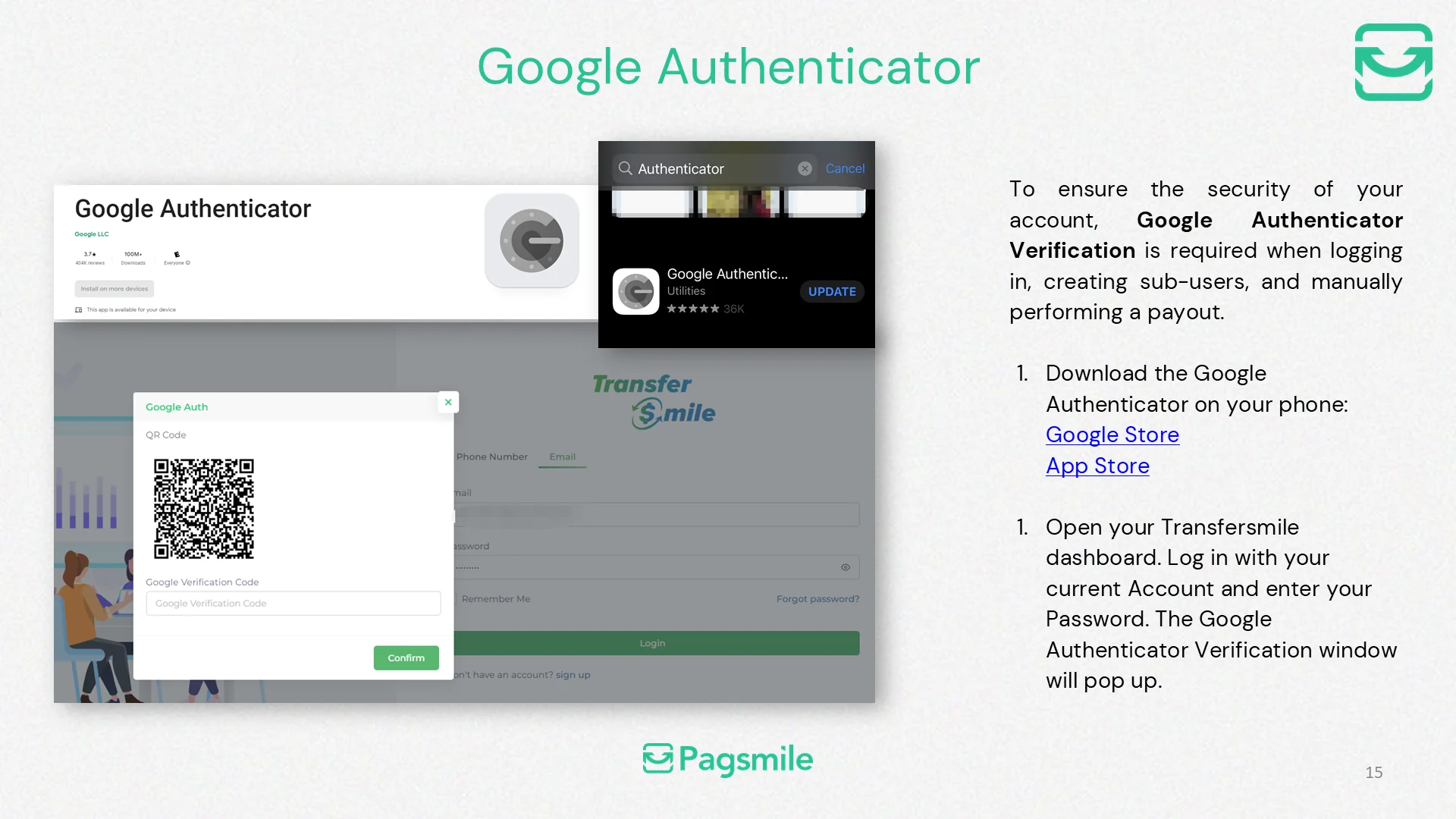 When is Google Authenticator required in the Transfermile dashboard? — image 1 of 3