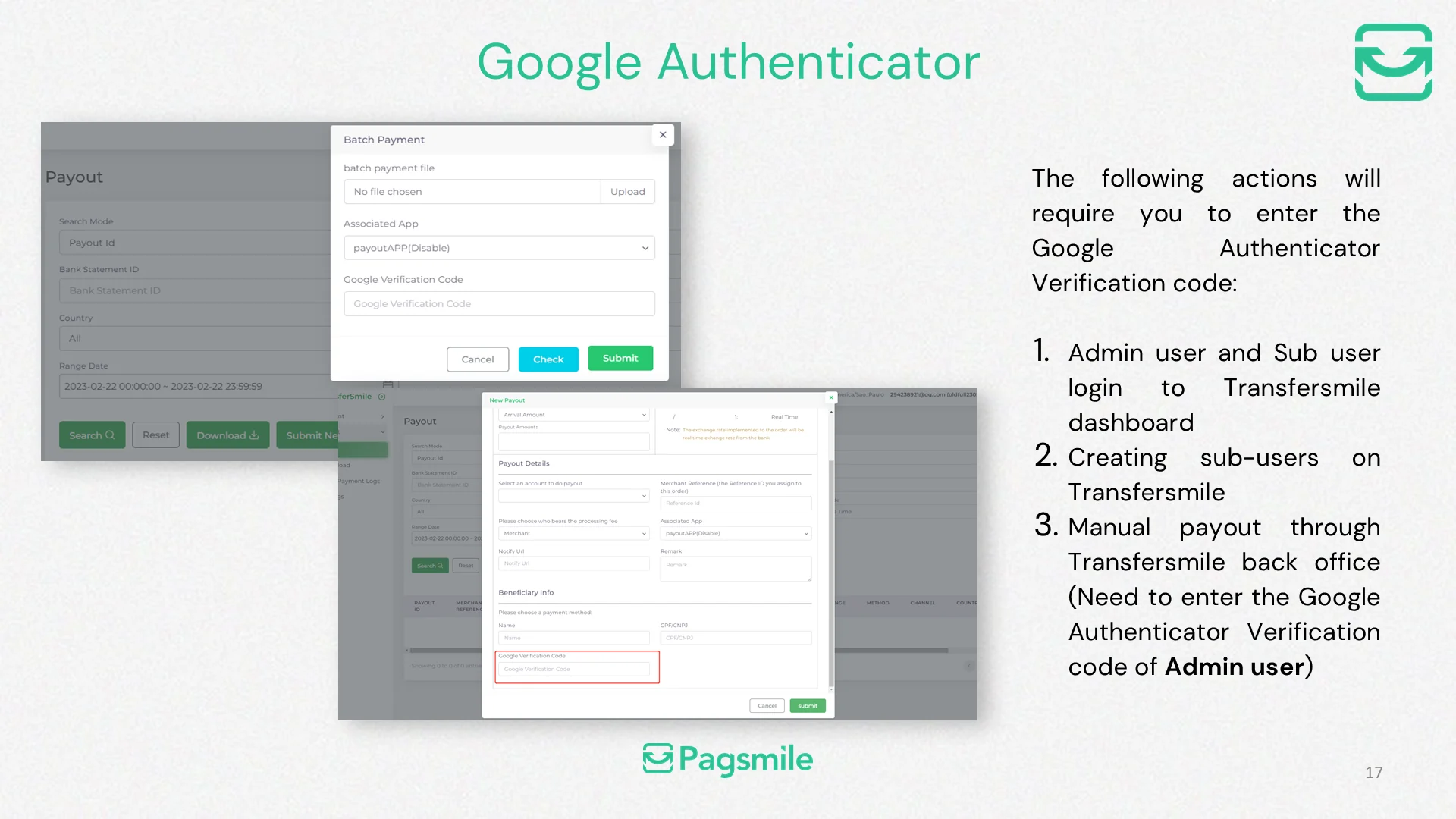 When is Google Authenticator required in the Transfermile dashboard? — image 3 of 3