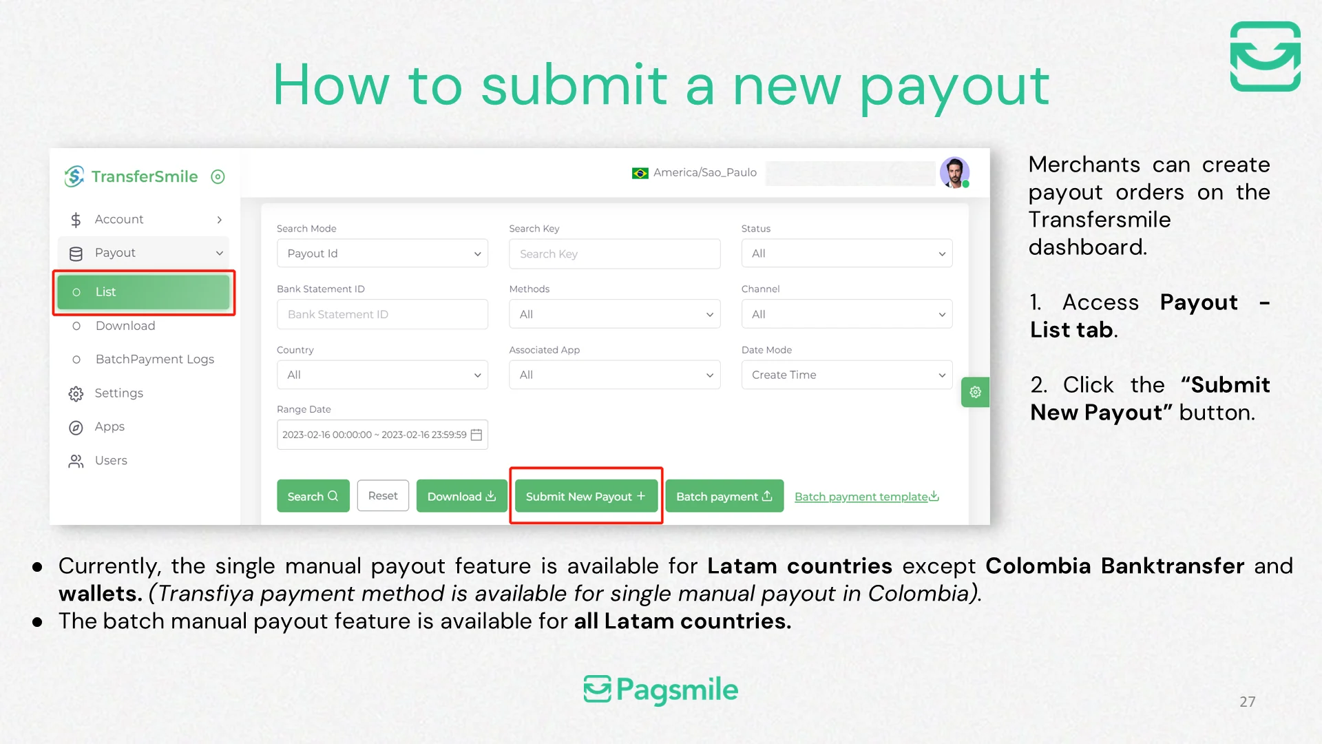How can I submit a single payout in the dashboard? — image 1 of 4